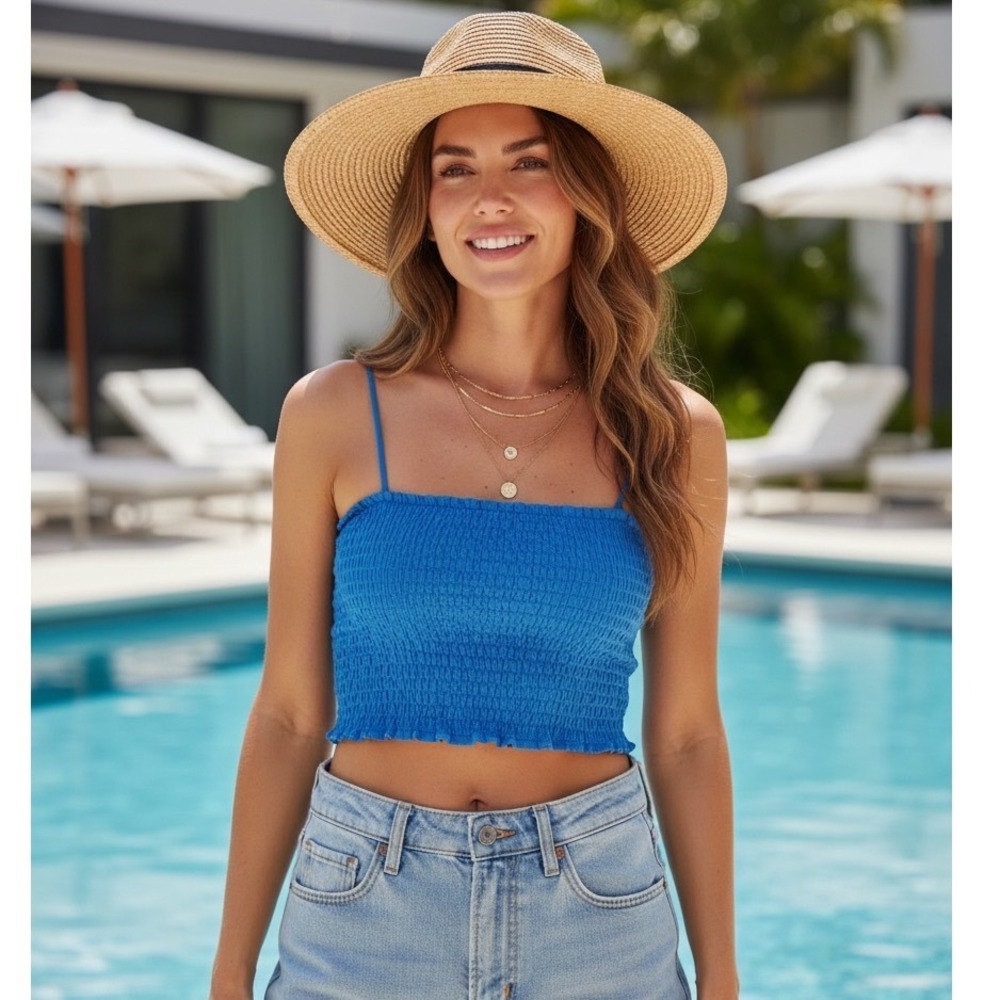 Maeve by Anthropologie Blue Smocked Crop Top Festival Boho Beachy Cottagecore XS